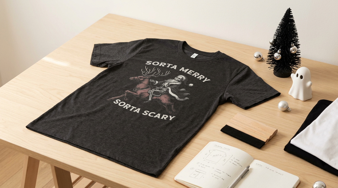 A dark heather grey blank t-shirt flat lay on a wooden table with spooky and festive holiday props.