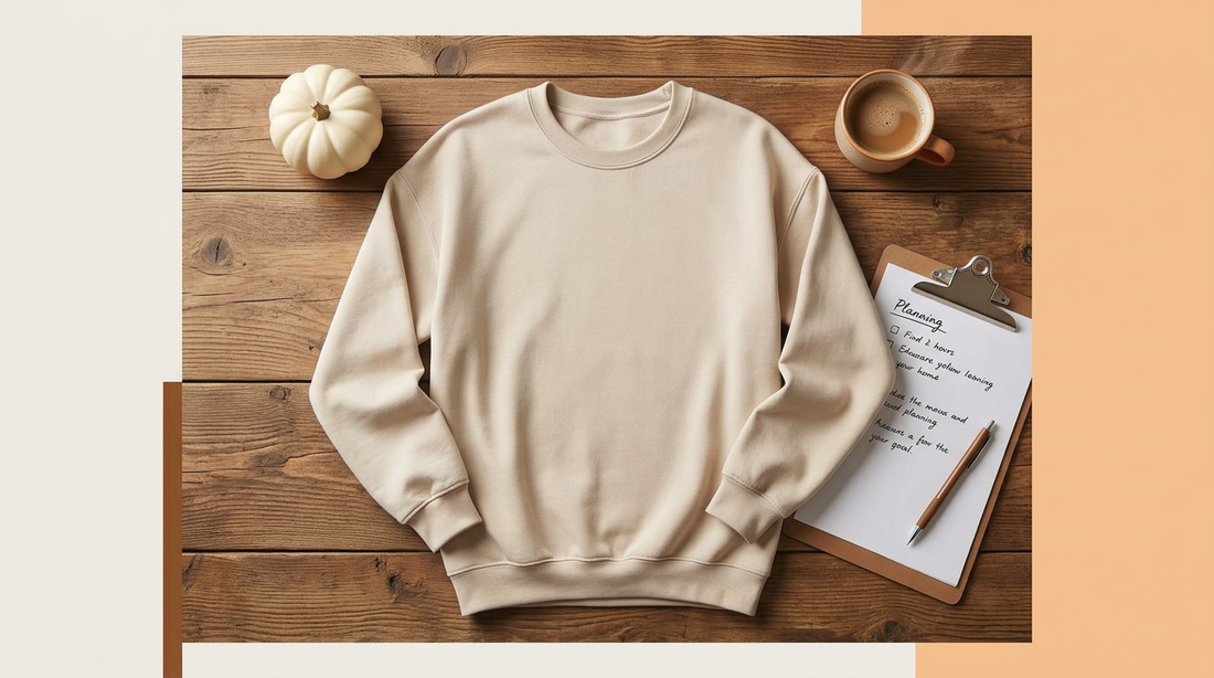 A cozy workspace featuring a blank oversized sweatshirt, fall props, and print-on-demand planning notes.