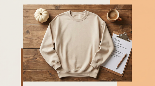 A cozy workspace featuring a blank oversized sweatshirt, fall props, and print-on-demand planning notes.