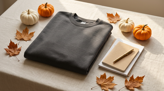 Blank dark grey sweatshirt on a workspace surrounded by mini pumpkins and print-on-demand planning tools.