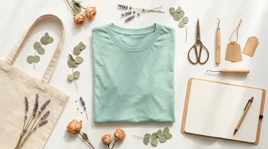 A flat lay of a pastel spring t-shirt surrounded by botanical elements and print-on-demand crafting supplies.