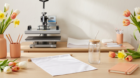 A bright workspace showing a blank garden flag, a glass can tumbler, and spring florals ready for sublimation craft fair