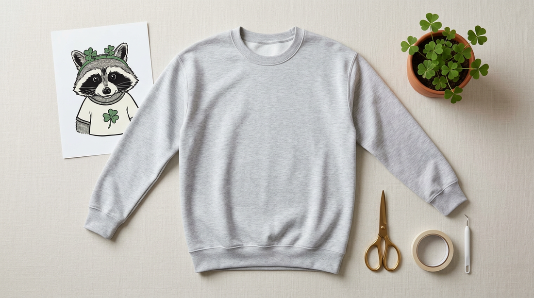 A flat lay of a blank ash gray crewneck sweatshirt surrounded by spring crafting supplies and green accents.