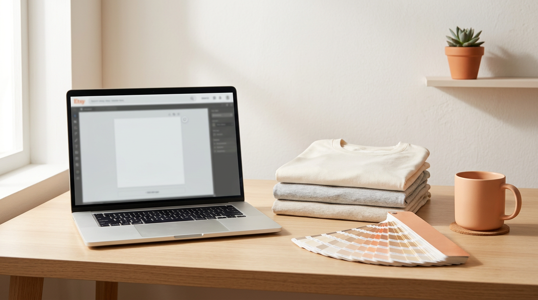 A clean workspace featuring a laptop, blank t-shirts, and crafting tools for setting up a print on demand Etsy shop.