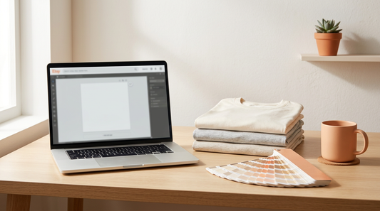 A clean workspace featuring a laptop, blank t-shirts, and crafting tools for setting up a print on demand Etsy shop.