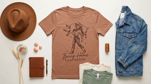 A collection of western graphic tees and craft supplies arranged on a clean workspace for state fair season.