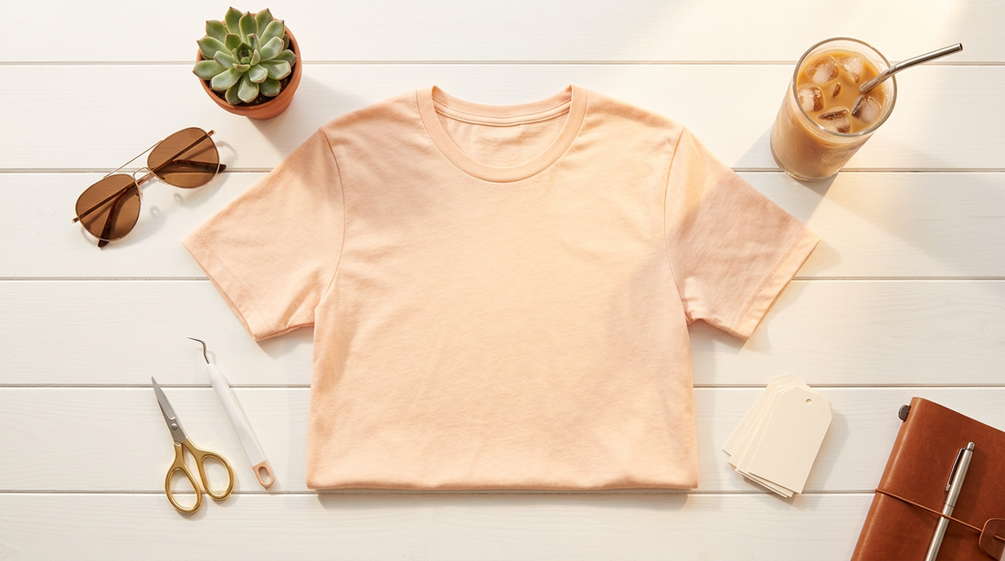 A bright summer workspace with a blank t-shirt, sunglasses, and crafting tools for planning Christian apparel designs.