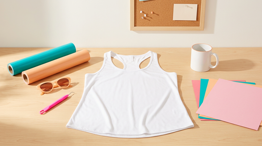 A blank white summer tank top on a crafting table with retro sunglasses and bright crafting tools in natural sunlight.
