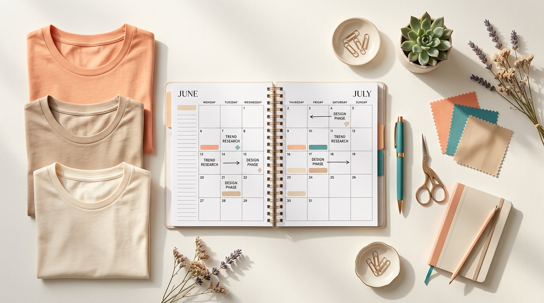 A clean, organized workspace showing a seasonal planning calendar, lightweight summer t-shirt blanks, and crafting tools.