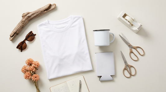 Blank summer apparel, drinkware, and crafting supplies arranged on a clean workspace for sublimation projects