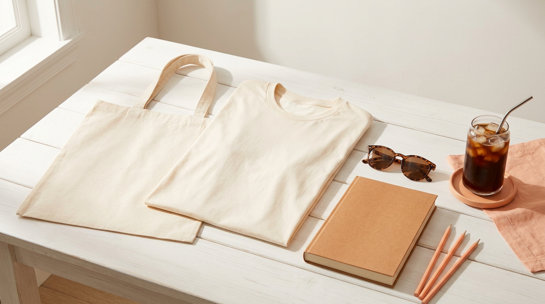 Blank canvas tote bag and summer t-shirt on a bright workspace with a book and sunglasses.
