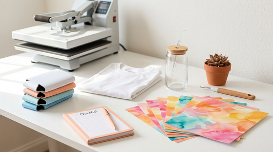A neat crafting workspace with summer sublimation blanks, a heat press, and colorful PNG design prints.