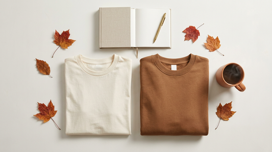 Flat lay of a blank t-shirt and crewneck sweatshirt with fall leaves and a planning notebook for Q3 print on demand prep.