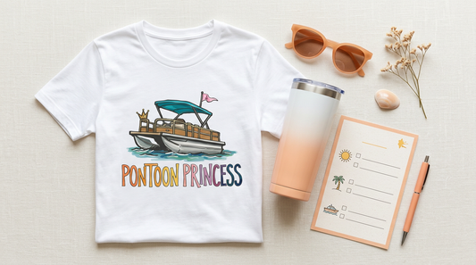 Summer vacation apparel planning workspace with blank t-shirt and checklist