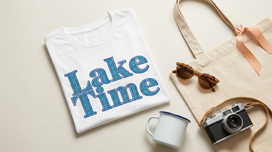 Flat lay of summer vacation apparel and travel accessories featuring vibrant print-on-demand designs.