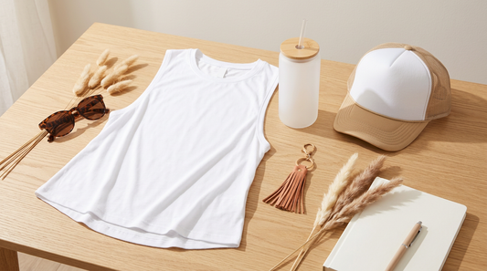 A bright summer workspace flat lay featuring a blank muscle tank, glass can tumbler, and trucker hat.