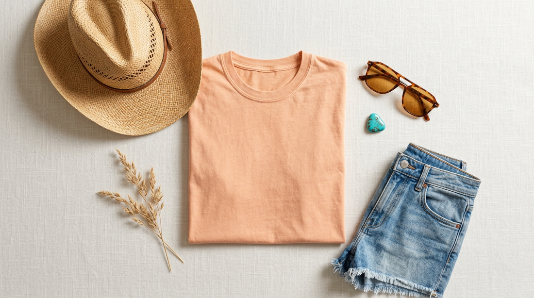A flat lay of a summer western print-on-demand t-shirt surrounded by festival accessories like sunglasses and a cowboy hat.