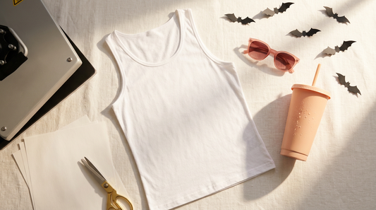 A bright summer workspace featuring a blank white tank top, sunglasses, and spooky Halloween crafting supplies.