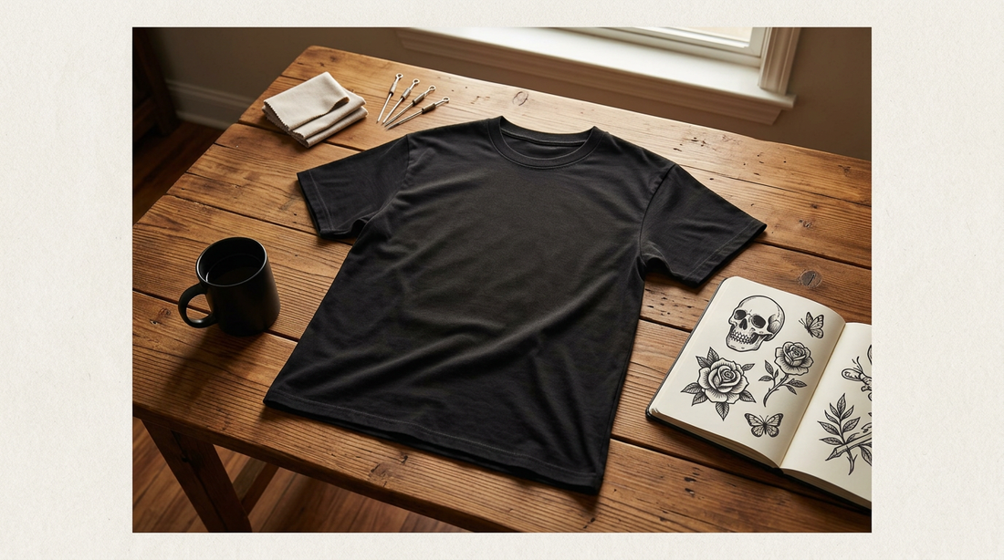 Top-down view of an editorial workspace with a vintage black oversized t-shirt, a sketchbook with dark ink illustrations, and