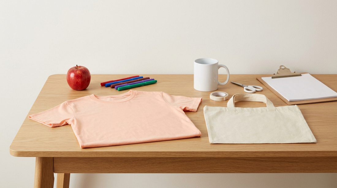 A clean workspace showing a blank pastel t-shirt, a sublimation coffee mug, and a canvas tote bag arranged neatly on a desk
