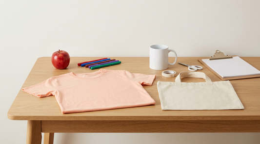 A clean workspace showing a blank pastel t-shirt, a sublimation coffee mug, and a canvas tote bag arranged neatly on a desk
