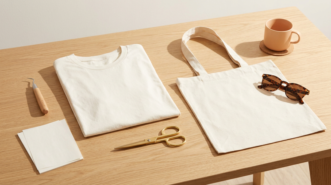 A clean workspace showing a blank t-shirt, a canvas tote bag, and crafting tools ready for teacher summer break apparel