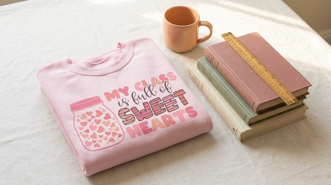 Flat lay of a folded teacher Valentine shirt surrounded by classroom props and a coffee mug.