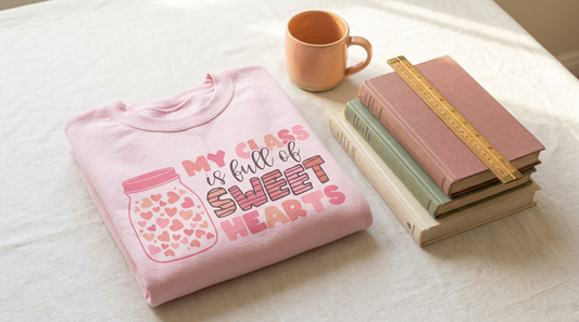 Flat lay of a folded teacher Valentine shirt surrounded by classroom props and a coffee mug.