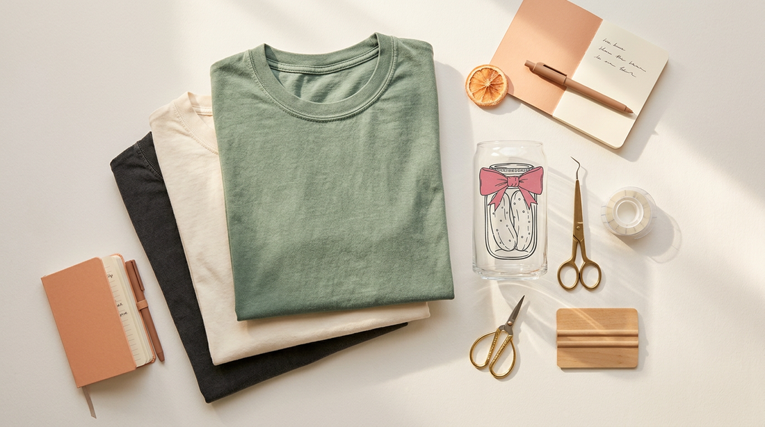 Flat lay of blank vintage wash graphic tees, a glass can cup, and crafting tools on a clean neutral workspace.