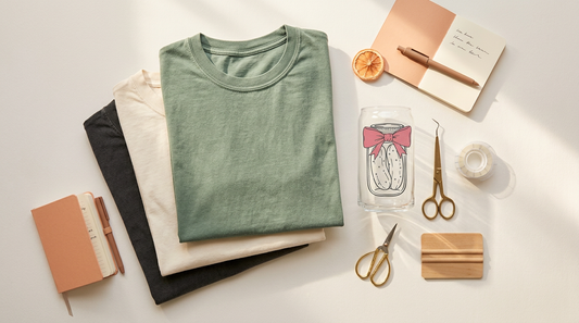 Flat lay of blank vintage wash graphic tees, a glass can cup, and crafting tools on a clean neutral workspace.