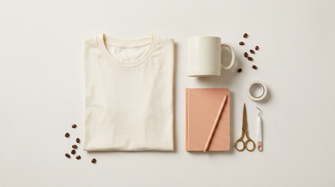 Flat lay of a blank ceramic coffee mug and a folded neutral t-shirt next to crafting tools and scattered coffee beans.