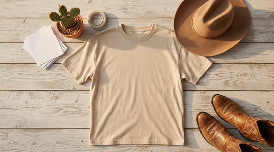A trendy western apparel mockup workspace featuring a blank oversized t-shirt, a cowboy hat, and warm earthy tones.