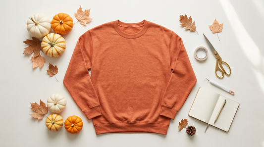 Flat lay of a blank autumn-colored sweatshirt surrounded by mini pumpkins and fall leaves on a light neutral workspace.