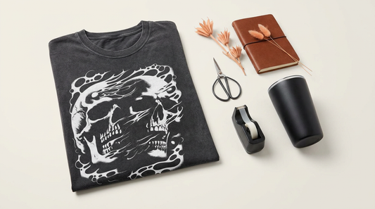 A trendy streetwear t-shirt mockup featuring an edgy skull design, surrounded by crafting tools on a clean workspace.