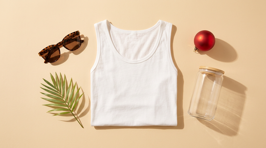 A flat lay of a blank white tank top, sunglasses, and a tropical Christmas sublimation design printed on transfer paper.