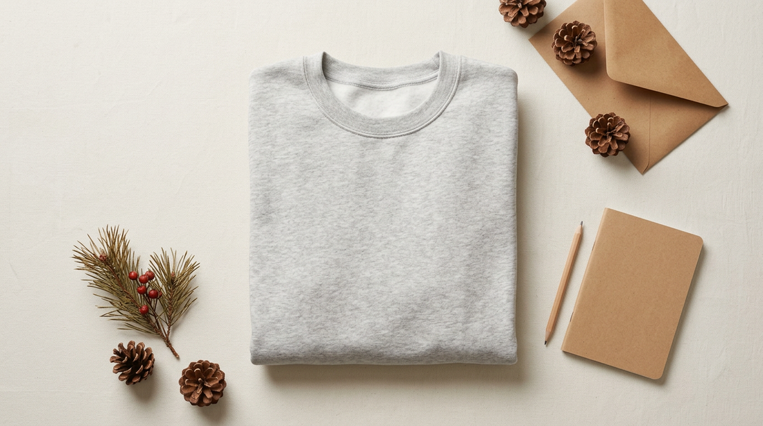Flat lay of a blank cozy holiday sweatshirt surrounded by festive props and print-on-demand crafting tools.
