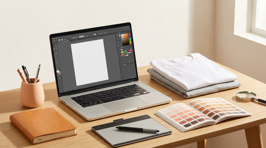 A tidy workspace featuring a laptop, blank t-shirts, and a color swatch book for print on demand planning.