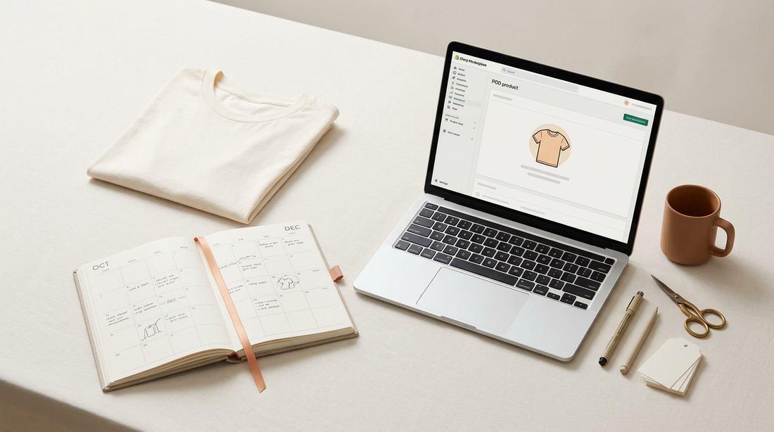 A tidy workspace featuring blank apparel, a seasonal planning calendar, and crafting tools for holiday POD preparation.