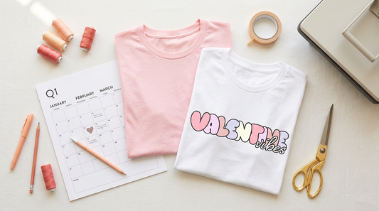 Flat lay of blank t-shirts, a Q1 planning calendar, and crafting tools for Valentine's Day apparel preparation.
