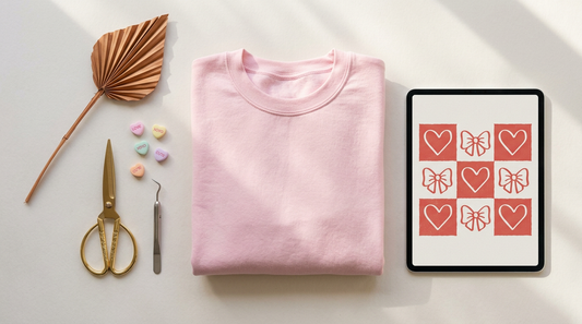 A cozy print-on-demand workspace featuring a blank pink sweatshirt, crafting tools, and subtle Valentine's Day props.