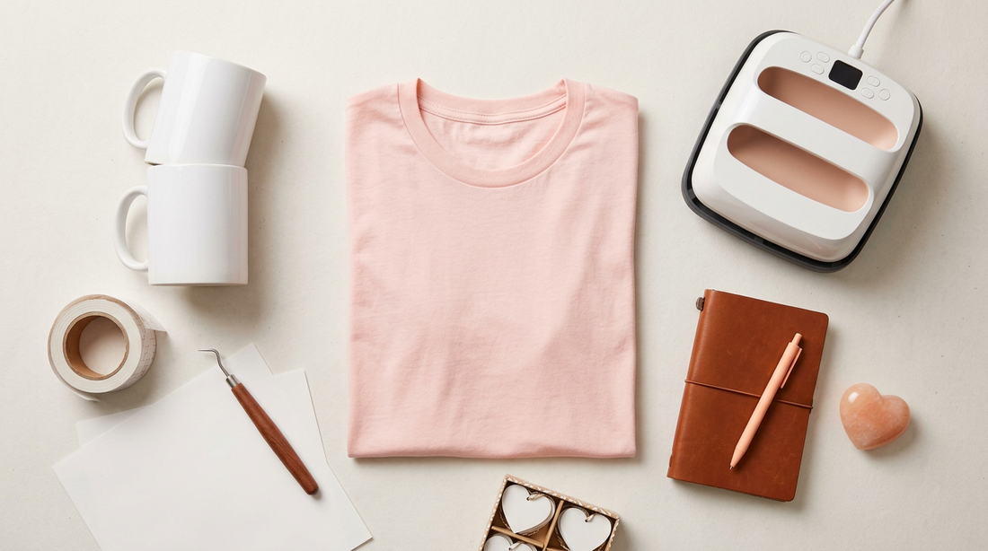 Editorial workspace showing blank sublimation mugs, a folded light pink t-shirt, and crafting tools arranged neatly for