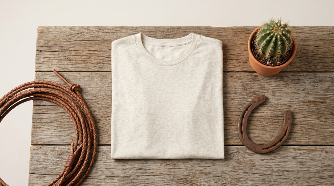 Flat lay of a heathered unisex t-shirt with western styling props and a vintage cowboy design concept.