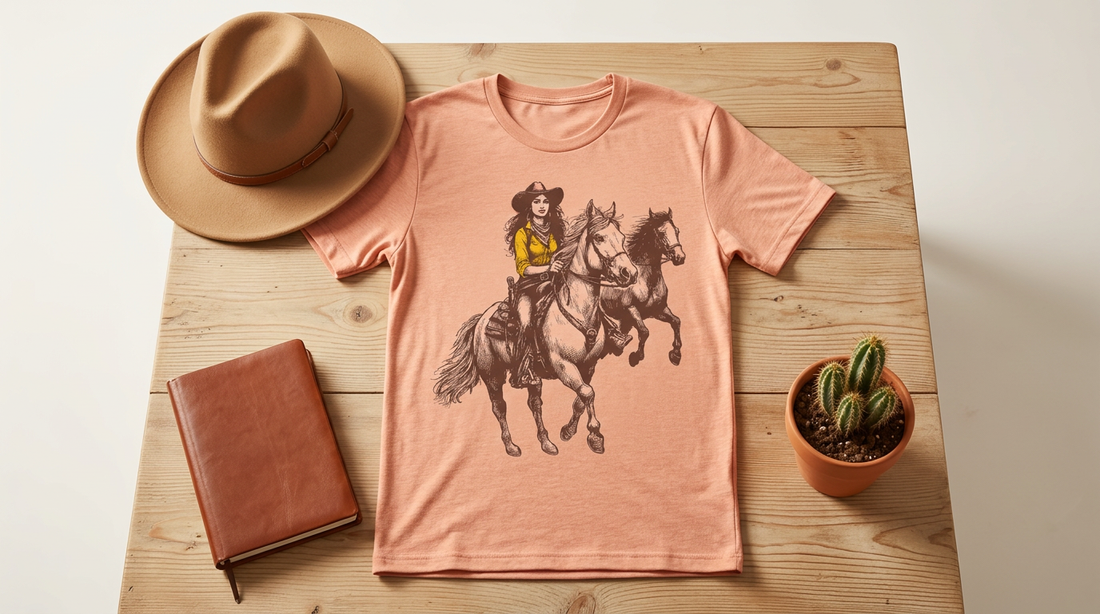 A rustic workspace featuring a vintage cowgirl t-shirt mockup, a cowboy hat, and crafting tools on a wooden table.