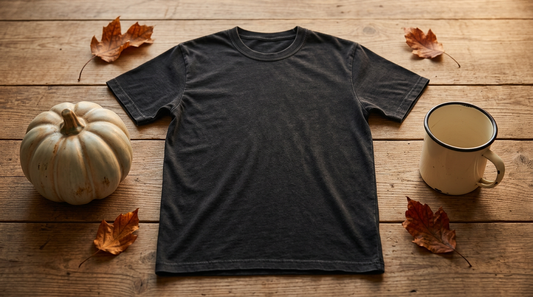 A faded black vintage-wash t-shirt on a rustic table with retro Halloween props