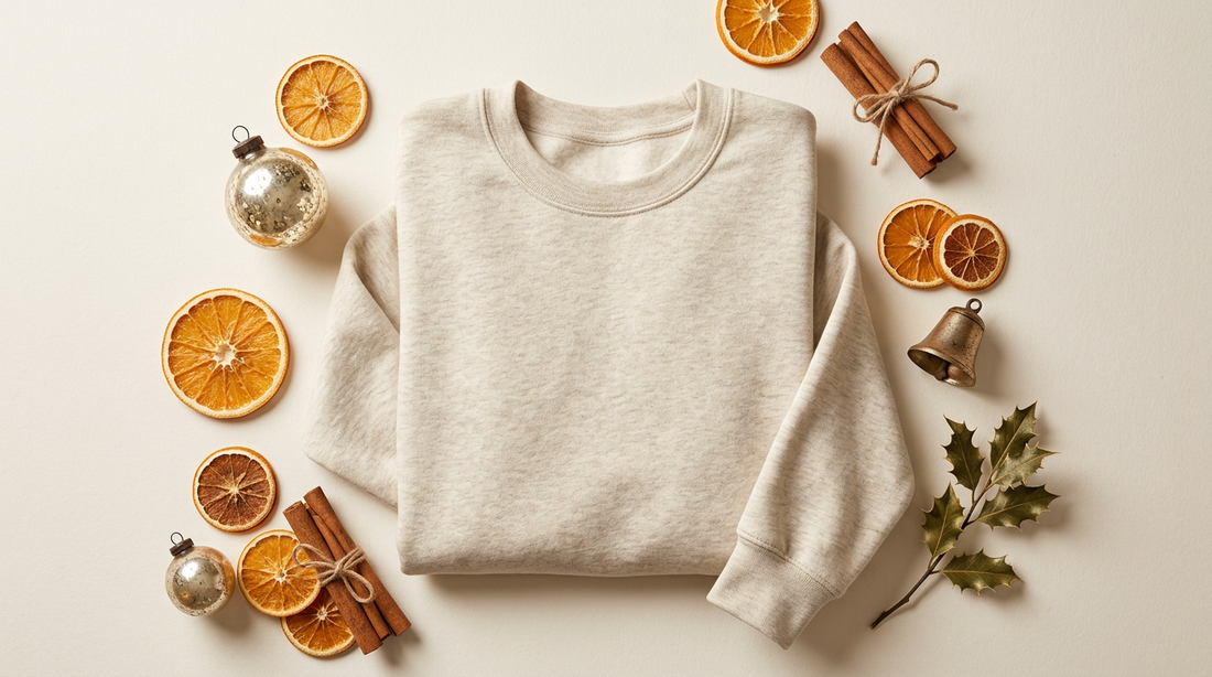 Flat lay of a blank heather oatmeal crewneck sweatshirt surrounded by nostalgic holiday props like dried oranges and vintage