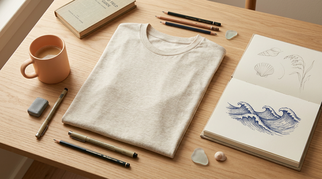 A blank heathered oatmeal t-shirt laid flat on a wooden table surrounded by artist sketching tools and a vintage field guide.