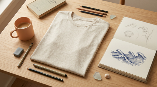 A blank heathered oatmeal t-shirt laid flat on a wooden table surrounded by artist sketching tools and a vintage field guide.