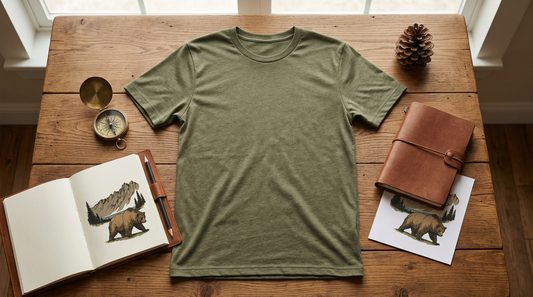 Flat lay of a heather olive outdoor t-shirt surrounded by camping props and vintage wildlife design elements.