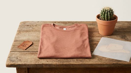 Blank heather clay t-shirt on a wooden table with western crafting props and a small cactus in a terracotta pot.