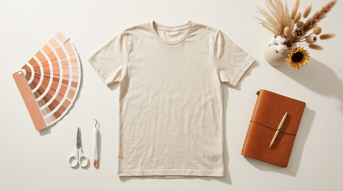 A tidy workspace showing a blank t-shirt, crafting tools, and seasonal props for planning western apparel trends.